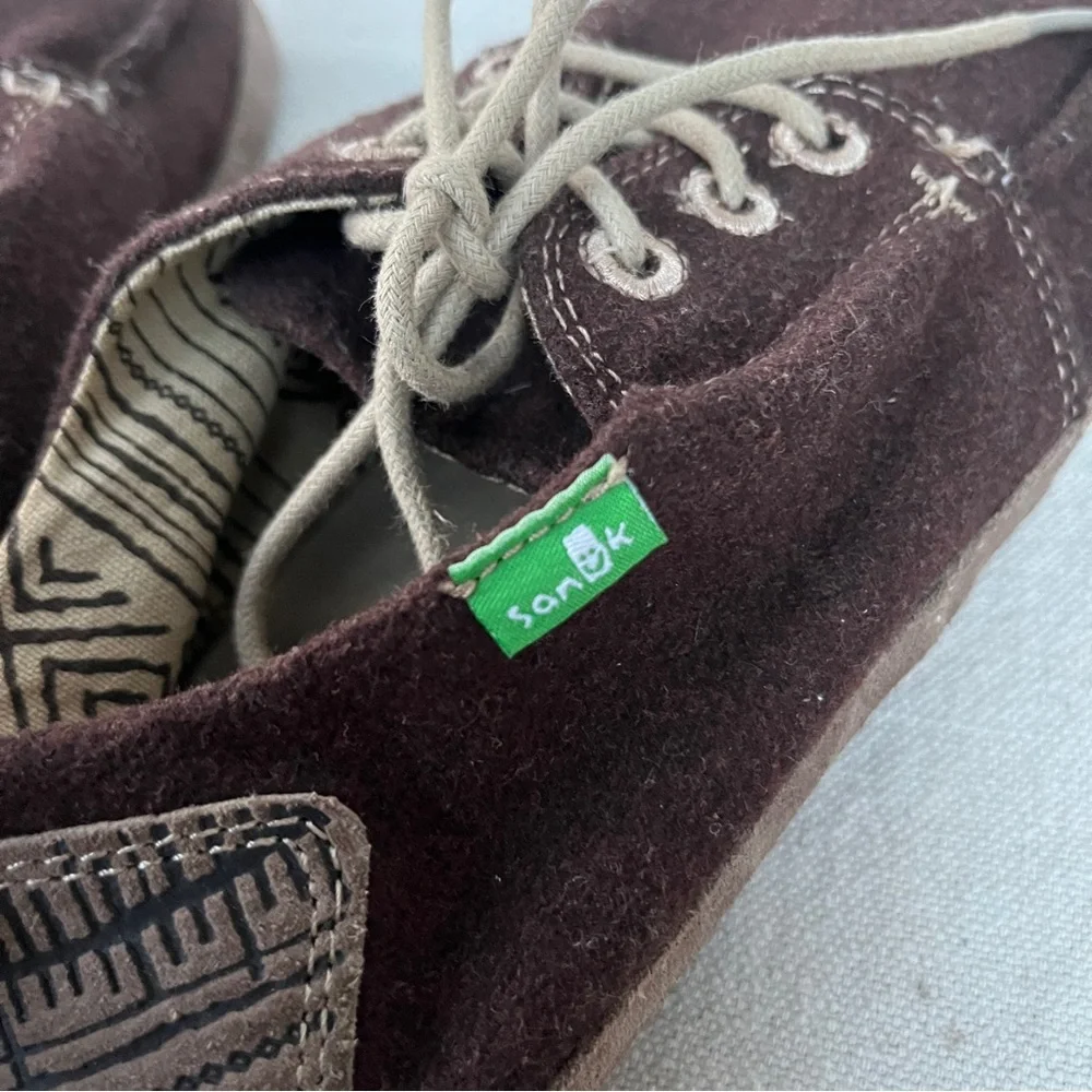 EUC Sanuk Mainsteez Men's Boat Shoes Brown Wool Suede Textile Casual Slip Ons